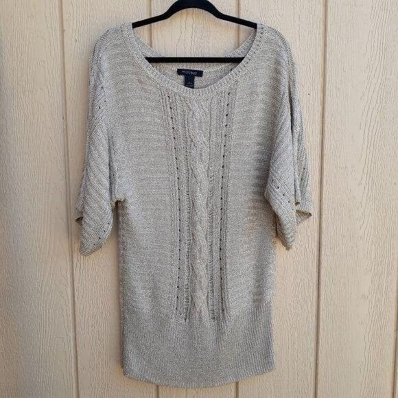 WHBM Metallic Tunic Textured Cable Knit Scoop Kimono Batwing Sweater Gold Sz L - Picture 13 of 13
